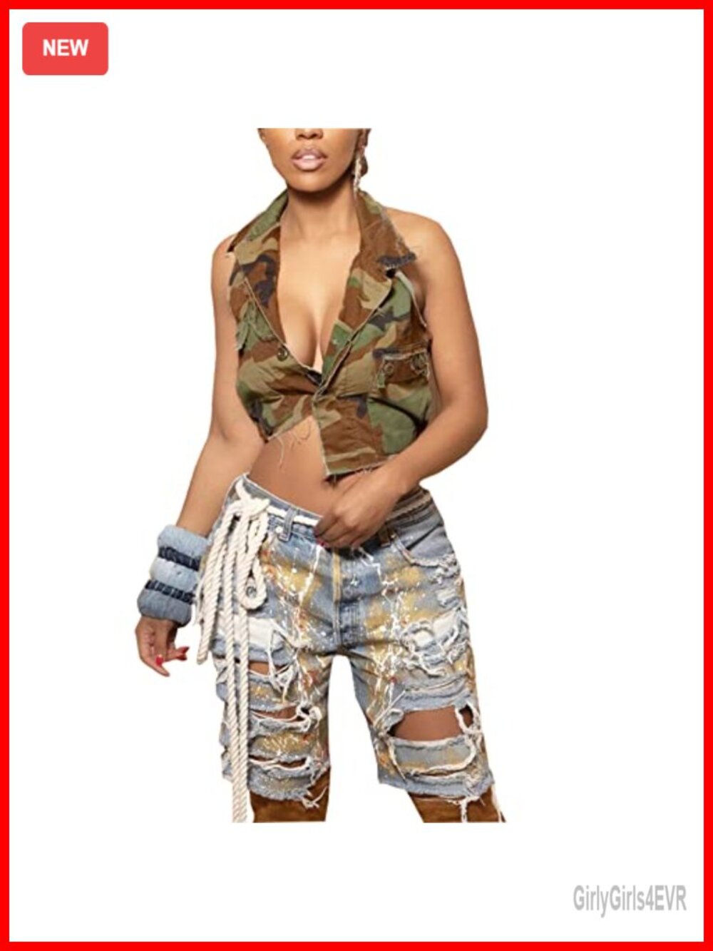Women's Cropped Camo Denim Jacket Button Down Fringe Hem Vest Top